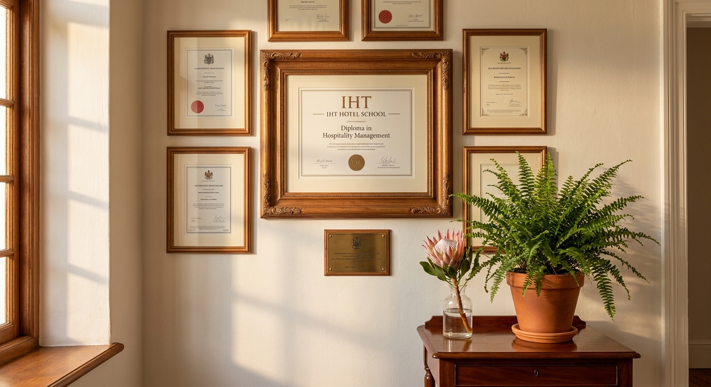 Framed accreditation certificates on the manor wall