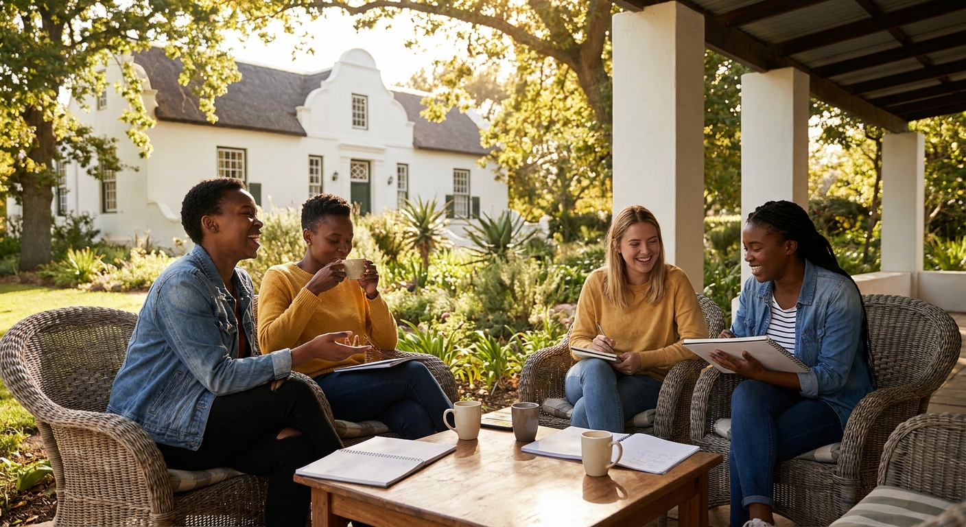 Students relaxing on the manor stoep among oak trees