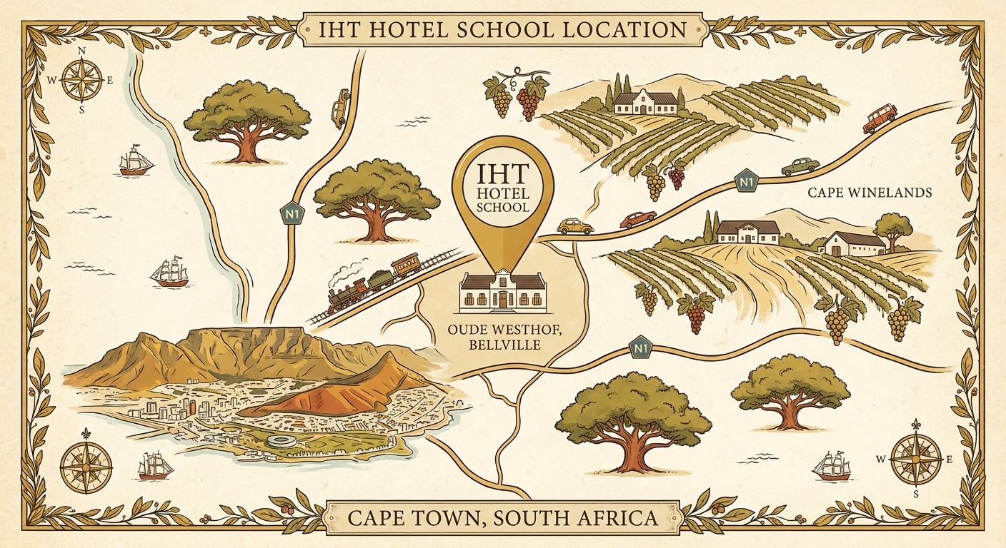 Stylised illustrated map showing the manor's location in Bellville near Cape Town and the Winelands