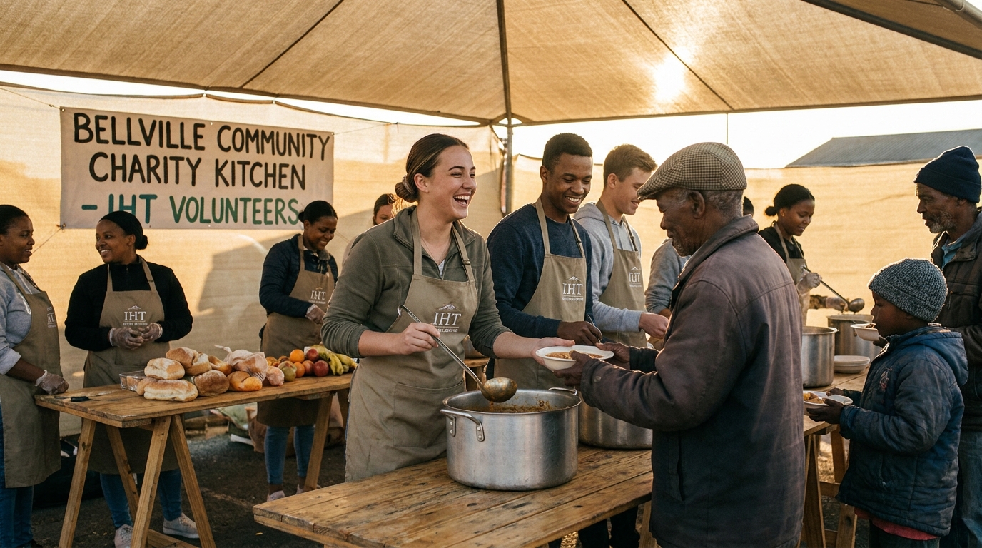 Student volunteers serving meals at a community charity kitchen