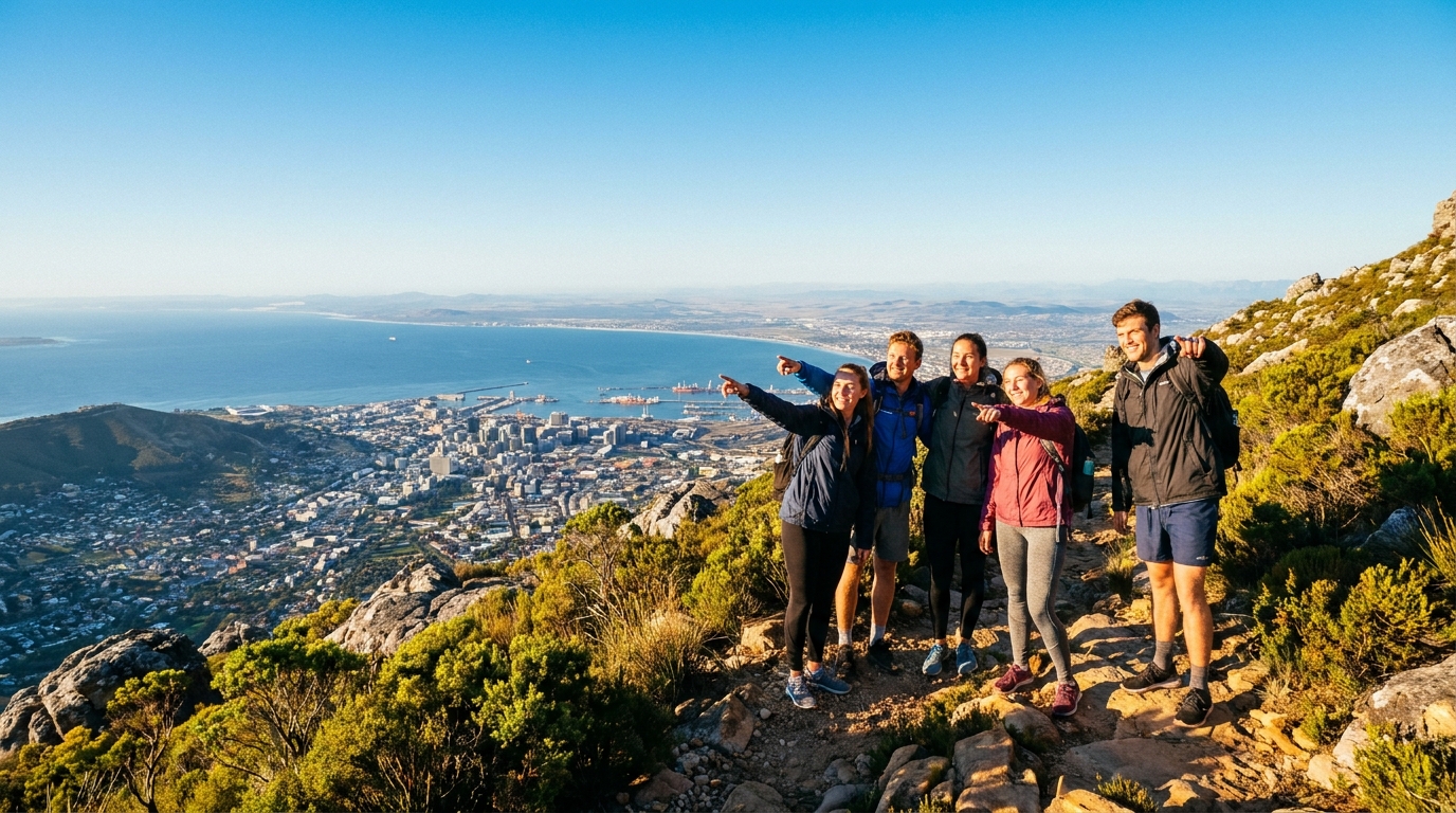 Students hiking up Table Mountain with Cape Town views