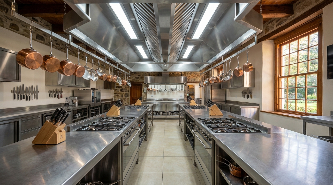 Stainless-steel professional training kitchen inside the manor