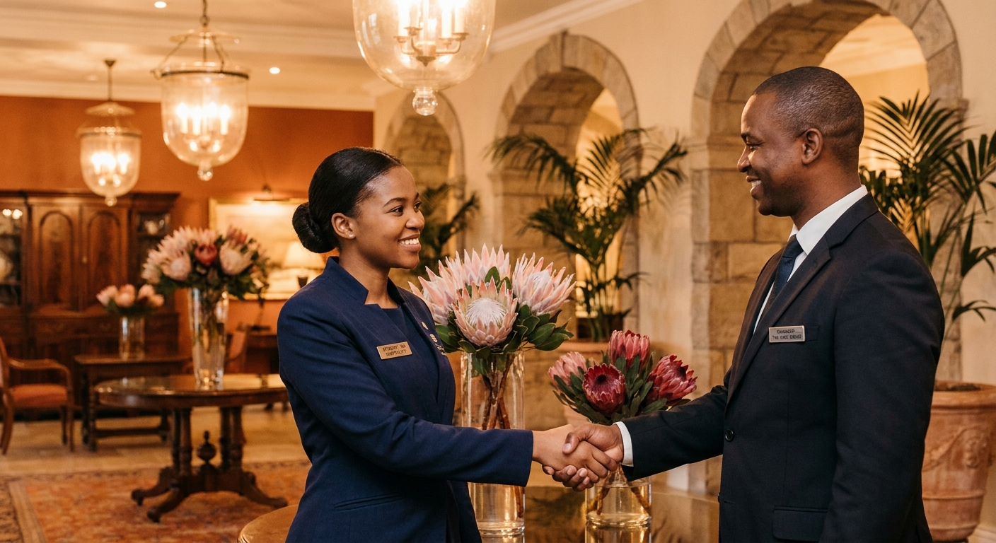Student in uniform shaking hands with a hotel manager during industry placement