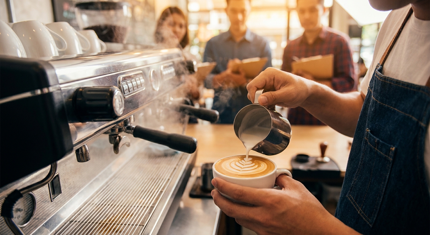 Student barista pouring latte art at a competition