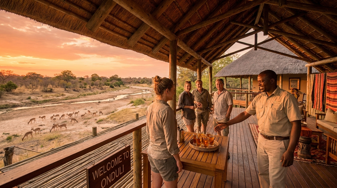 A lodge staff member greeting guests at the deck of a luxury safari lodge at sunset