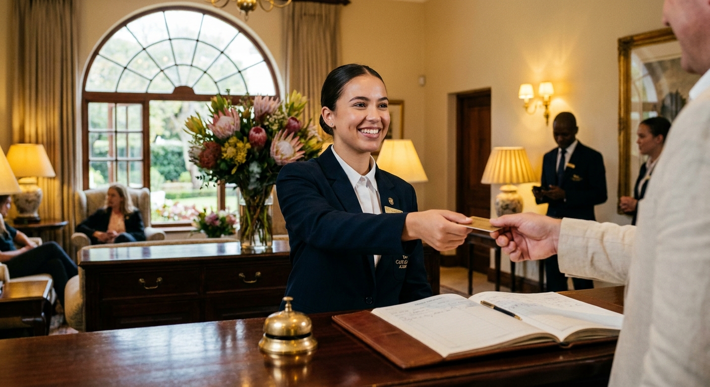 Higher Certificate students at a hotel front desk