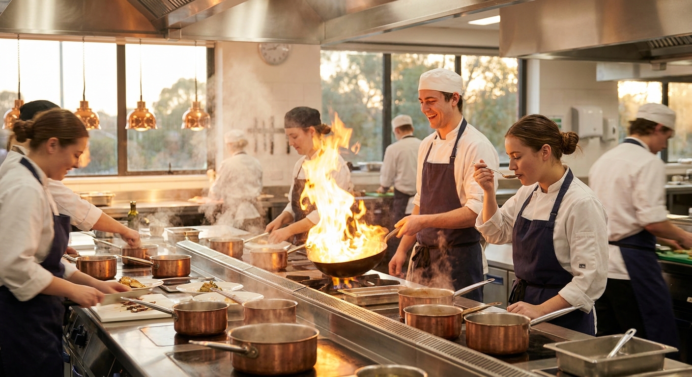 Professional cookery students working a busy training kitchen line